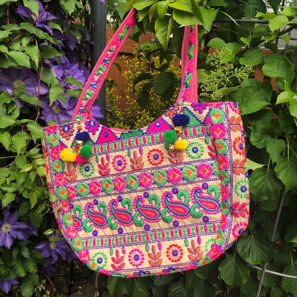 Boho Floral Embroidered Tote Bag Handmade in India